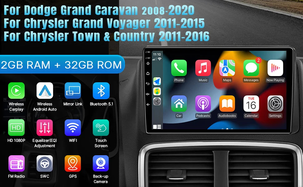 9" Touch Screen Wireless Car Stereo Radio for Dodge Grand Caravan 2008-2020 Chrysler Town & Country 2011-2016 with Backup Camera