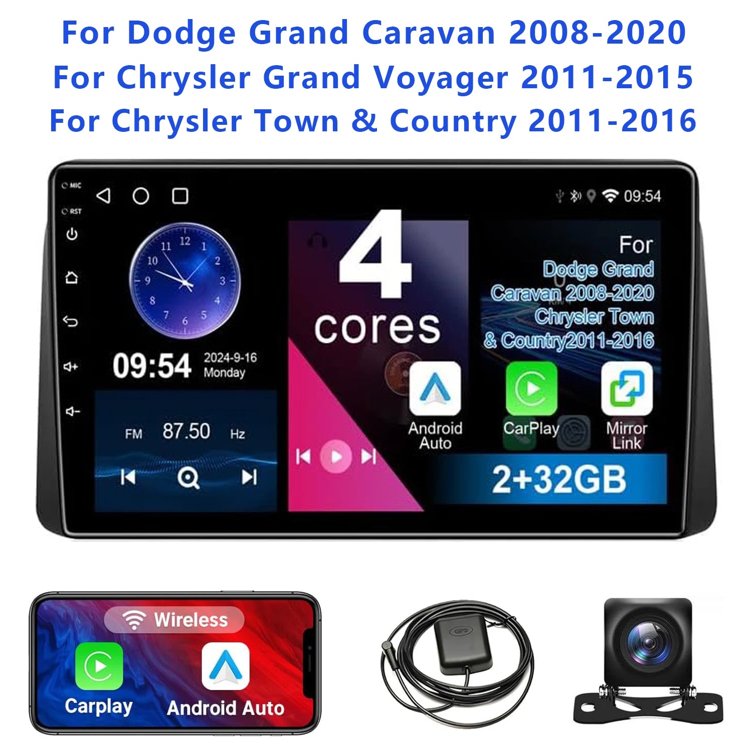 9" Touch Screen Wireless Car Stereo Radio for Dodge Grand Caravan 2008-2020 Chrysler Town & Country 2011-2016 with Backup Camera