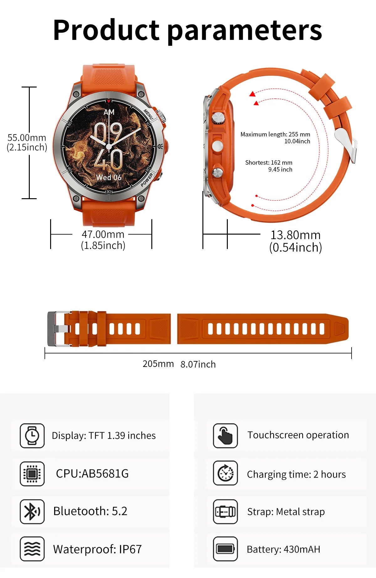 Aiweile AW45 Smart Watch Man Flashlight Fitness Tracker Miltary Connected NFC Compass Sport Bluetooth Call Dialing Korean Hebrew