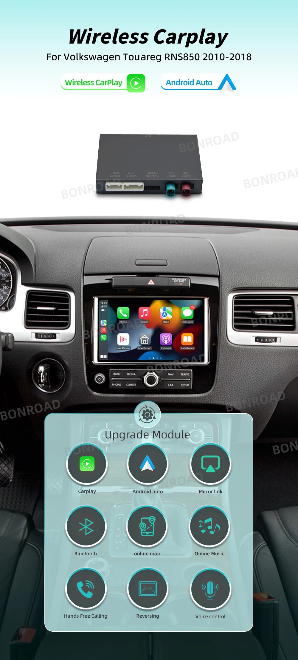 Bonroad Wireless Carplay Android Auto Modulo For Volkswagen Touareg RNS850 2010-2018 with Android Auto Voice Control Mirrorlink