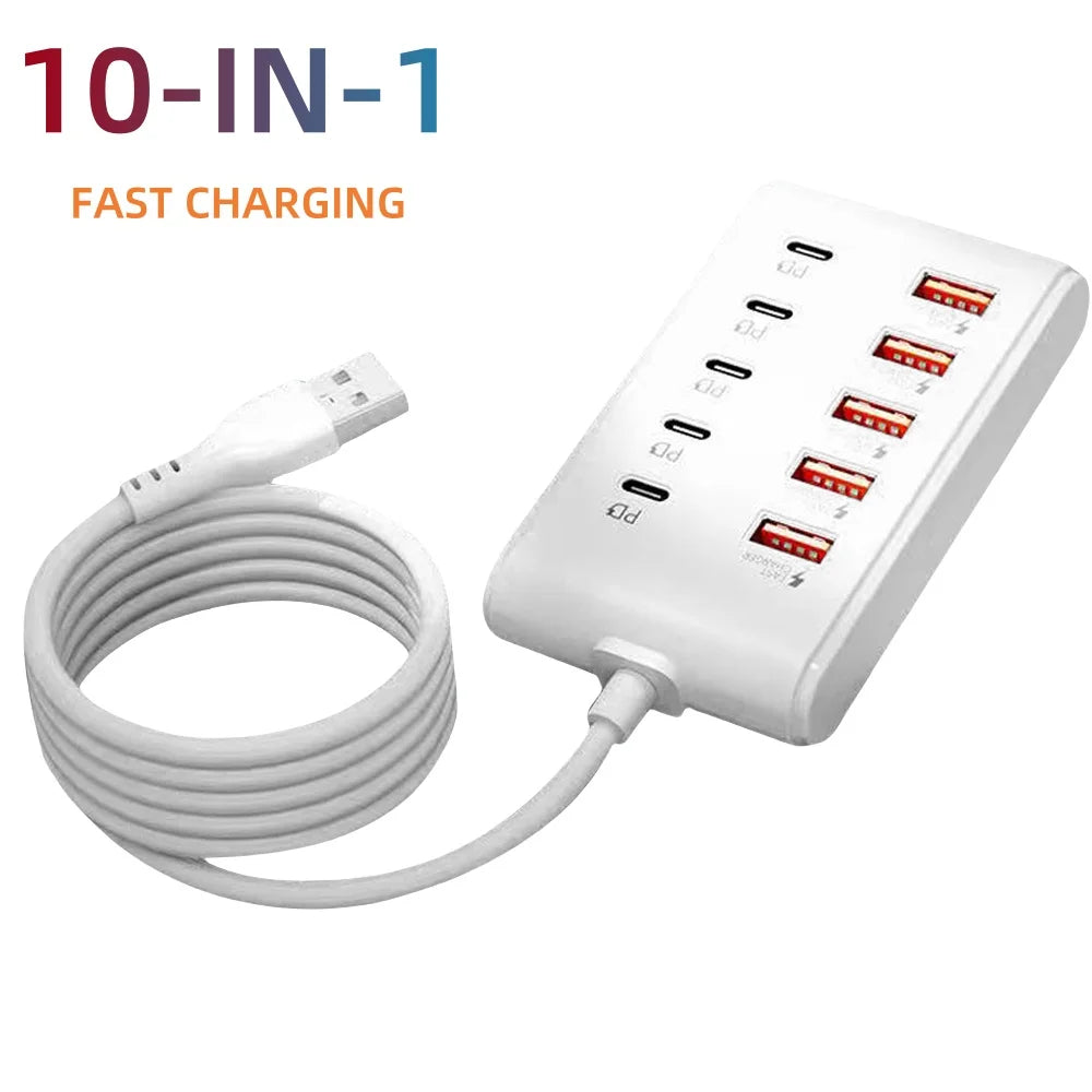 10-in-1 USB Power Strip Desktop Charging Station Fast Charging USB Hub Socket For Home Office Multi Device USB C Charger Adapter