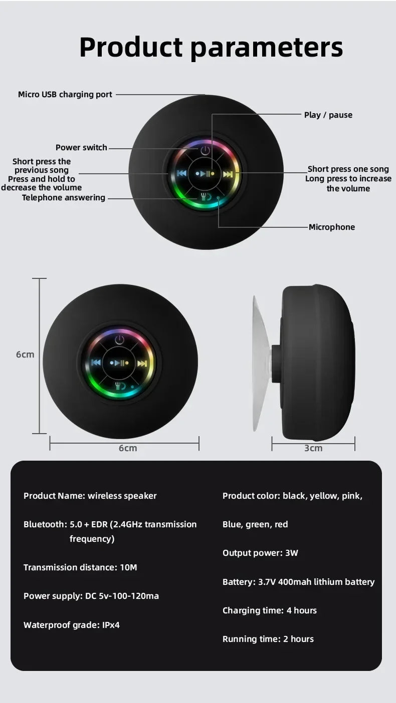 New Bathroom Waterproof Wireless LED Bluetooth Speaker Large Suction Cup Mini Portable Speaker Outdoor Sports Stereo Speaker