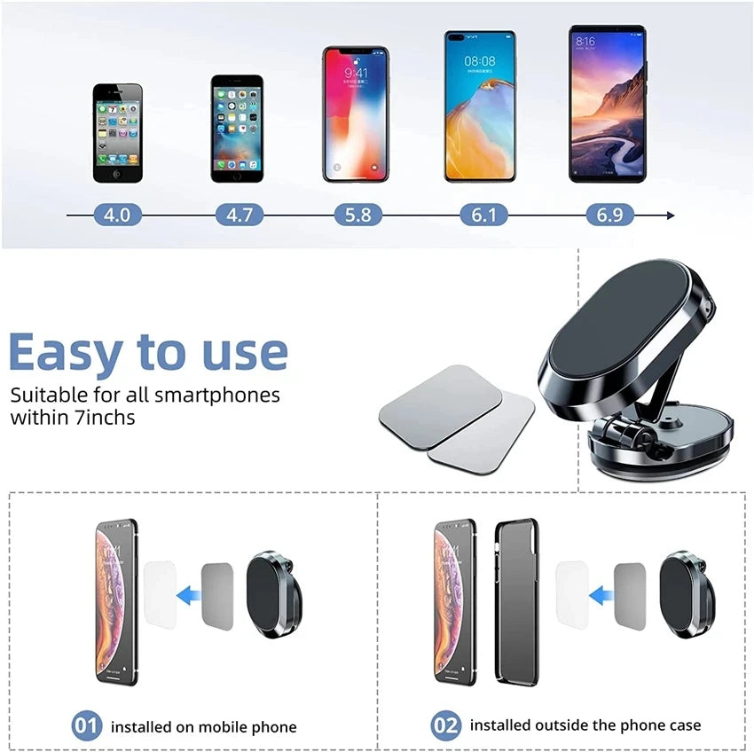 1080° Rotatable Magnetic Car Phone Holder Foldable Magnet Smart Phone Stand GPS Phone Bracket In Car For iPhone 16 Xiaomi Huawei