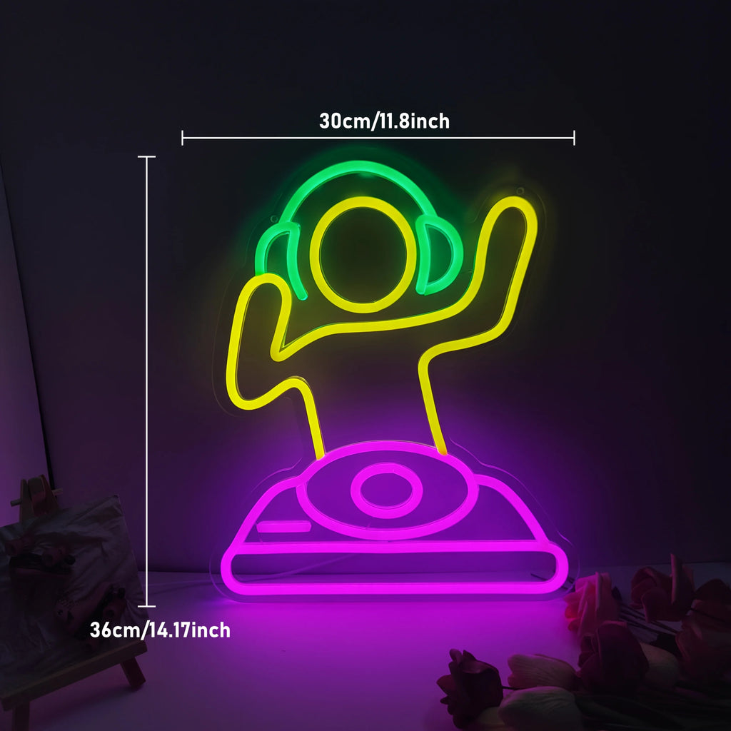 DJ Player Neon Sign - USB-Powered LED Light with Vibrant Green & Pink Glow, Wall-Mounted Decor for Bars, for Man Caves
