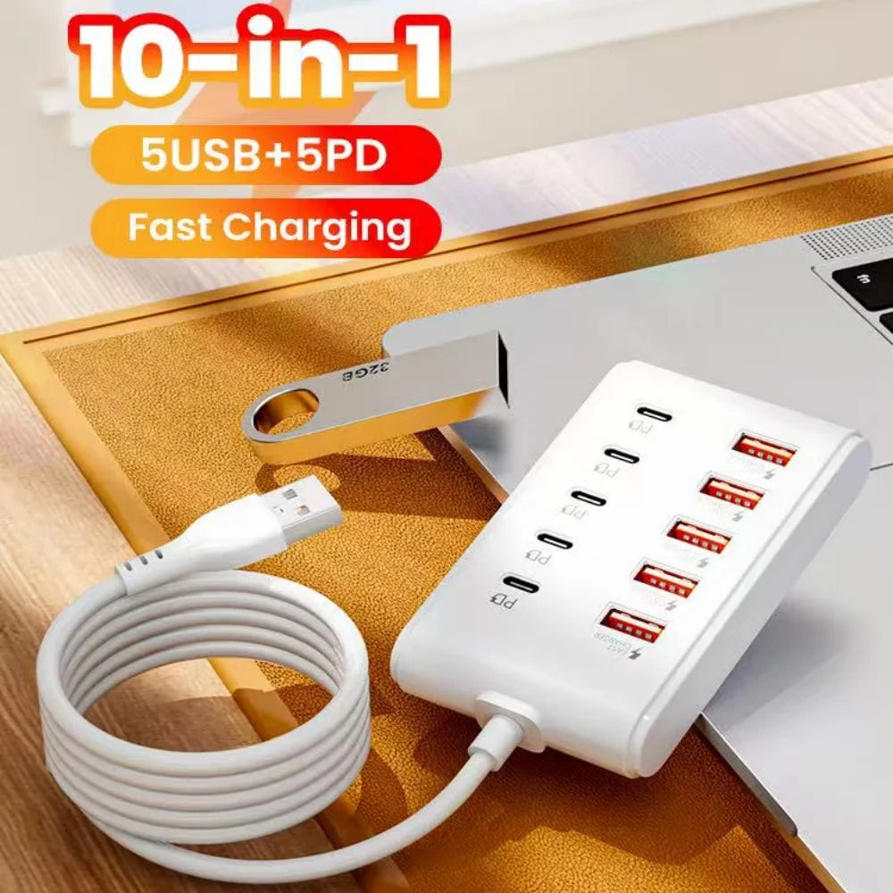10-in-1 USB Power Strip Desktop Charging Station Fast Charging USB Hub Socket For Home Office Multi Device USB C Charger Adapter