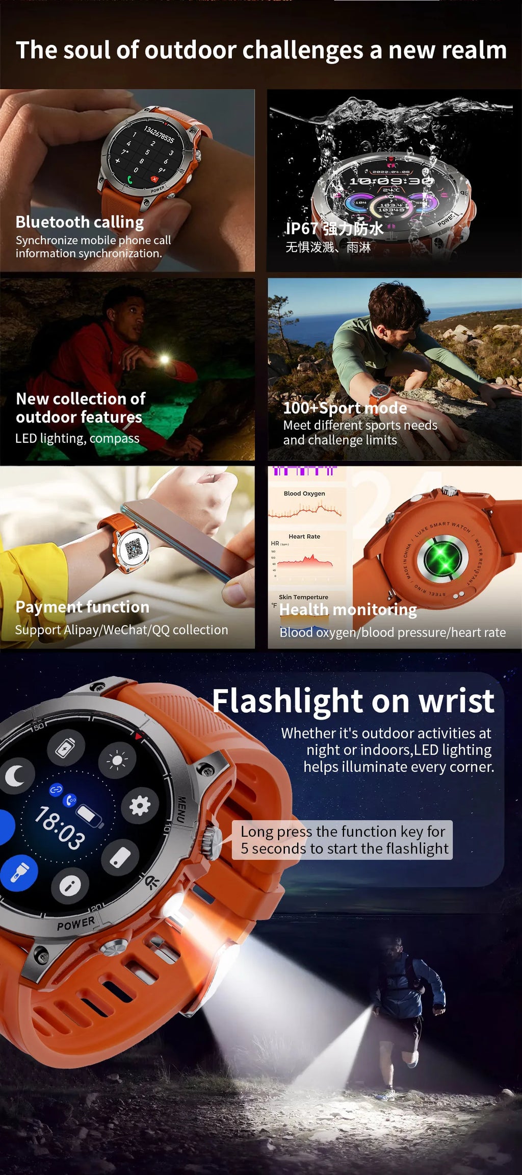 Aiweile AW45 Smart Watch Man Flashlight Fitness Tracker Miltary Connected NFC Compass Sport Bluetooth Call Dialing Korean Hebrew