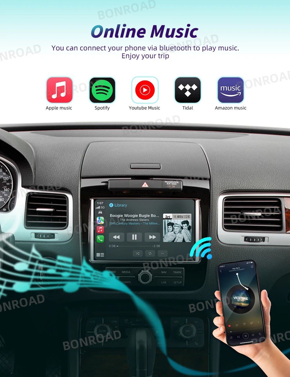 Bonroad Wireless Carplay Android Auto Modulo For Volkswagen Touareg RNS850 2010-2018 with Android Auto Voice Control Mirrorlink