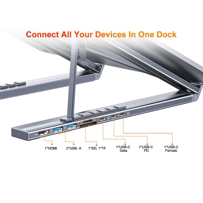 8 IN 1 Laptop Stand Docking Station Aluminum Alloy Foldable and Liftable USB-C Docking Station