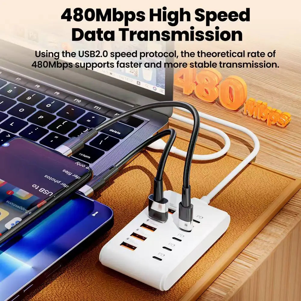 10-in-1 USB Power Strip Desktop Charging Station Fast Charging USB Hub Socket For Home Office Multi Device USB C Charger Adapter