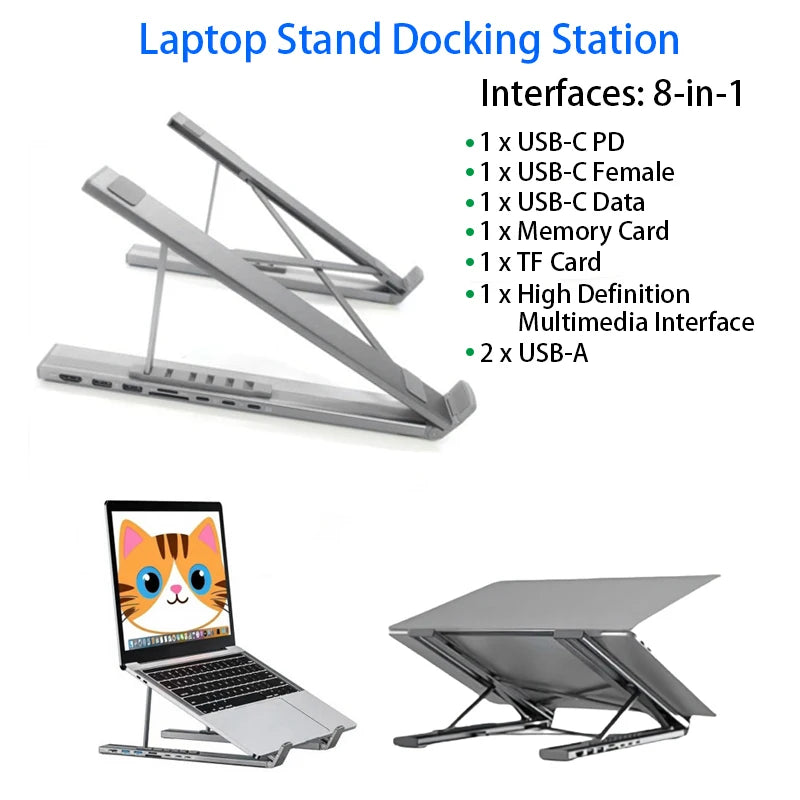 8 IN 1 Laptop Stand Docking Station Aluminum Alloy Foldable and Liftable USB-C Docking Station