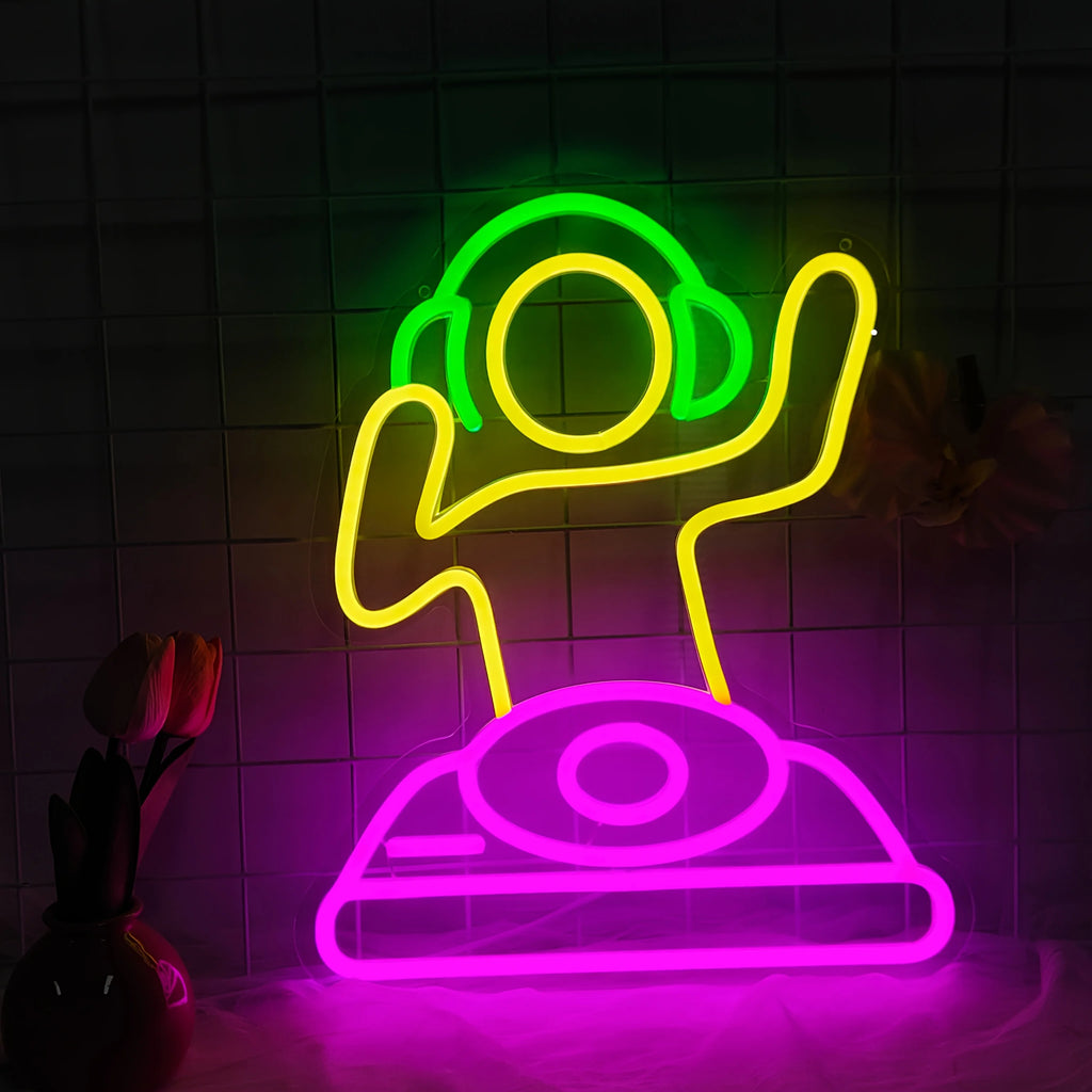 DJ Player Neon Sign - USB-Powered LED Light with Vibrant Green & Pink Glow, Wall-Mounted Decor for Bars, for Man Caves