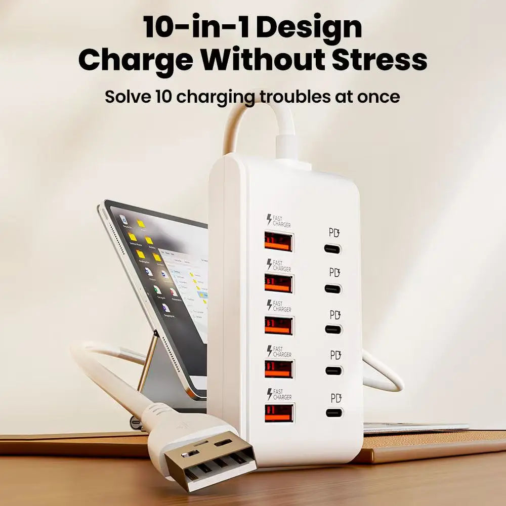 10-in-1 USB Power Strip Desktop Charging Station Fast Charging USB Hub Socket For Home Office Multi Device USB C Charger Adapter