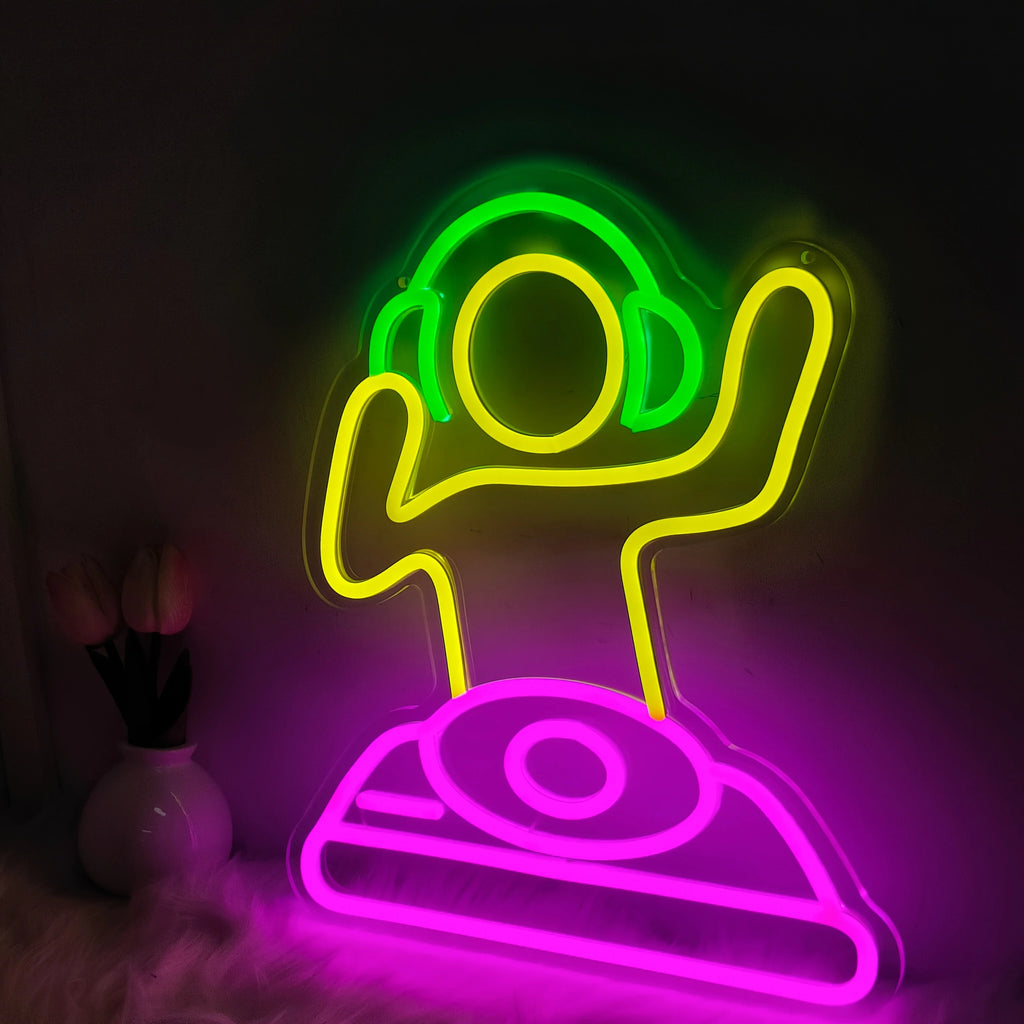 DJ Player Neon Sign - USB-Powered LED Light with Vibrant Green & Pink Glow, Wall-Mounted Decor for Bars, for Man Caves